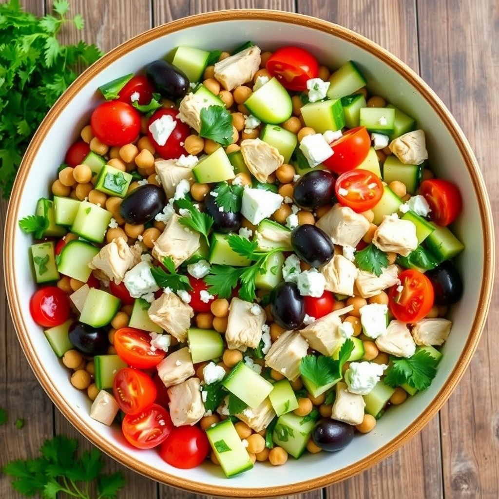 A colorful bowl of Mediterranean Chickpea Chicken Salad with chicken, chickpeas, cucumbers, tomatoes, and feta cheese.